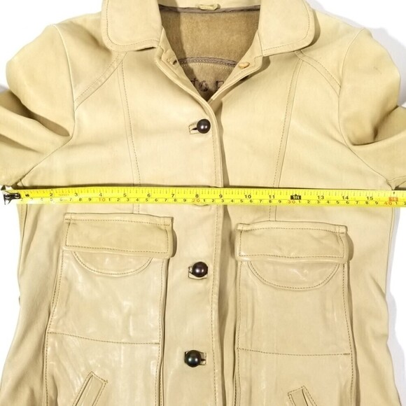 VINTAGE Vegetable Tan Genuine Leather Cargo Button Down Jacket Womens XS Minimal - Picture 2 of 9